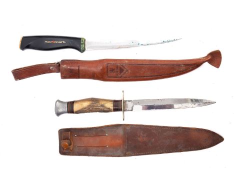 An antler handled Fairbairn pattern knife, maker William Rodgers , Sheffield, the nickel plated blade signed as per title ove