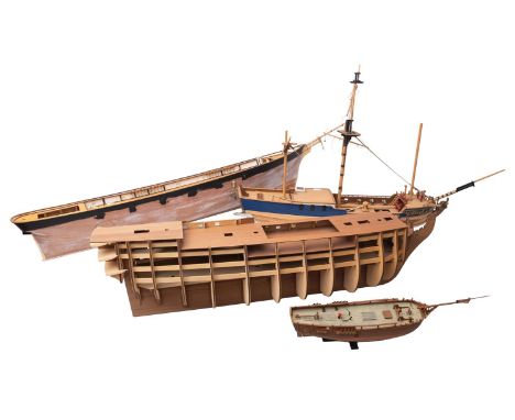Three part finished wooden scale models of sailing ships. Comprising mainly warships with two having their hulls completed bu