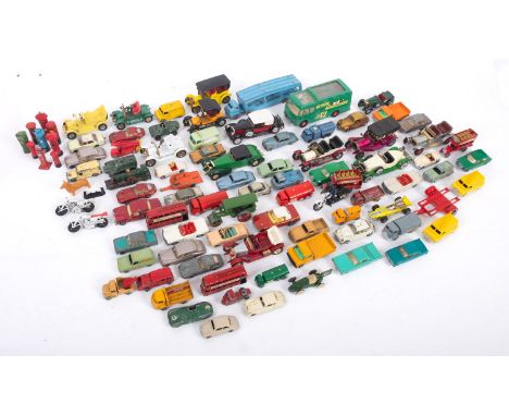 A collection of Lesney diecast vehicles. In a range of scales comprising cars, trucks and motorcycles etc, all unboxed.