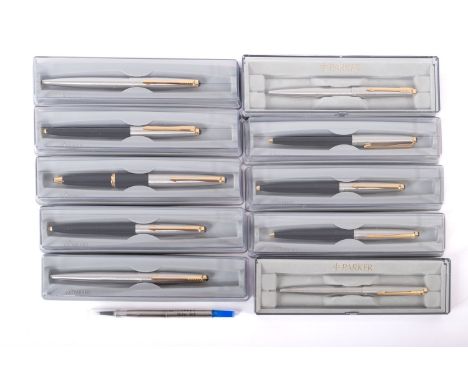 A collection of ten Parker ballpoint pens. Mainly silver and black examples, all boxed.