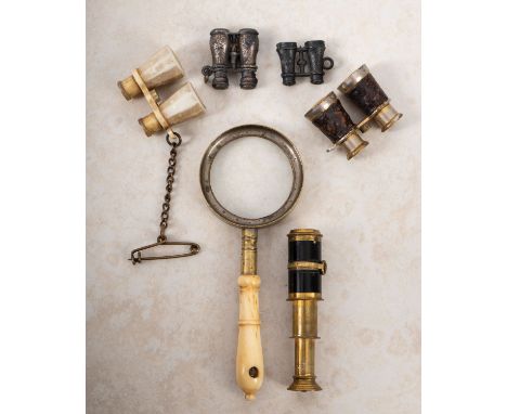 A collection of Stanhopes in the form of optical instruments. Including a bone handled magnifying glass, several pairs of bin