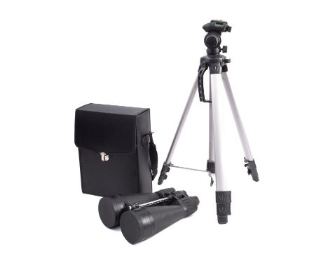 A pair of Konus 20x80 field binoculars and tripod. The binoculars are in black and in original box, the folding tripod in ori