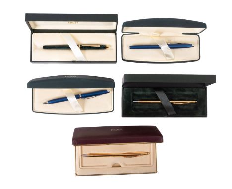 A collection of five Cross ballpoint pen sets. In a range of colours noting two gold plated examples, all in original boxes.