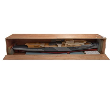 An incomplete 1:96 scale model of HMS Starling. Having the fibreglass hull, wooden deck and brass running gear present, compa