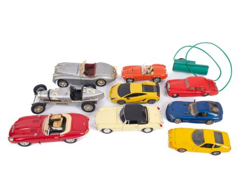 A collection of mainly 1:18 scale diecast cars. Burago and Chrono including Aston Martin DB5 etc, some boxed.