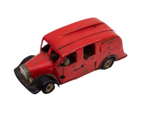 A Tri-ang Minic clockwork fire engine, red with black and silver trim, (incomplete)