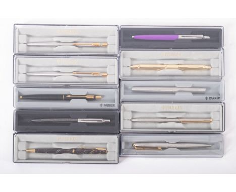 A collection of ten Parker ballpoint pens. Mainly silver and gold coloured examples, all boxed.