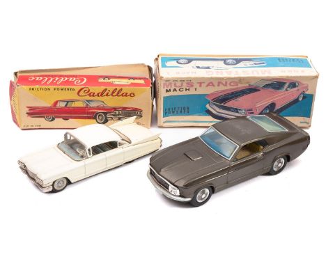 A Japanese tinplate friction drive 'Ford Mustang. Mach 1' grey with litho interior, in original box, and a tinplate friction 