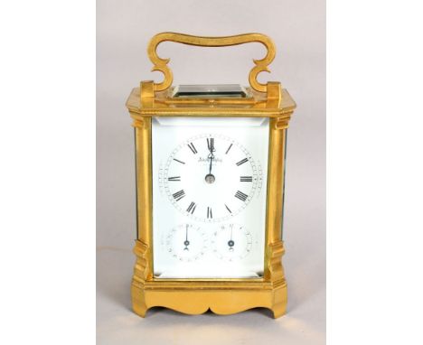 A GOOD GERMAN ORMOLU REPEATER CARRIAGE CLOCK, with white porcelain dial, black enamel numerals and hands, subsidiary date and