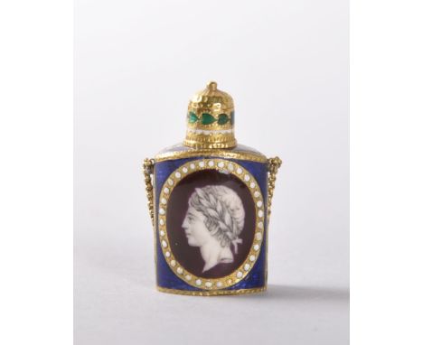 A SUPERB LOUIS XVI PERIOD GOLD AND ENAMEL OVAL PERFUME BOTTLE, blue ground inset with a Grisaille portrait, and classical fig