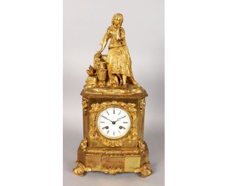 A GOOD 19TH CENTURY FRENCH ORMOLU CLOCK by RAINGO FRERES, PARIS, with eight-day movement, the case surmounted by a young lady