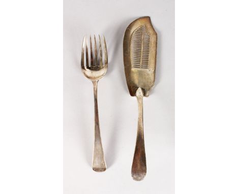 A GEORGE III FISH SLICE, London 1803, Maker: Ely & Fearn, and A GEORGE III FORK, London 1797 (2).