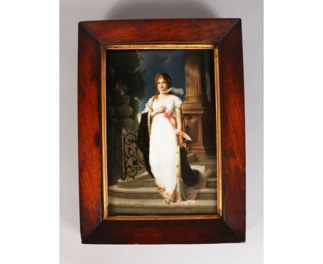 A VERY GOOD, POSSIBLY BERLIN, UPRIGHT PORTRAIT PLAQUE, portrait of Princess Louisa in a white dress, standing on steps before