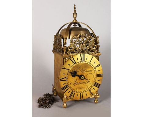 A GOOD 20TH CENTURY BRASS LANTERN CLOCK, after The Original by Thomas Moore, Ipswich. 14ins high.