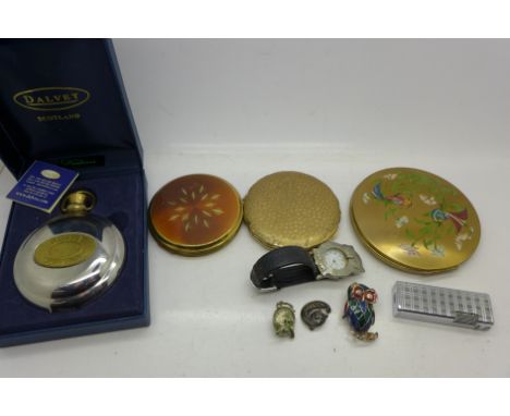 Three compacts, three brooches including a 925 silver cat brooch, a Dalvey hip-flask, etc.