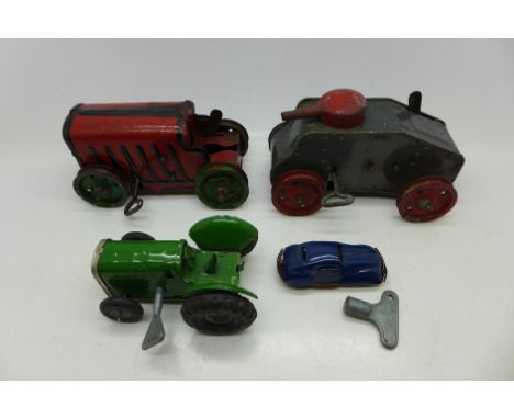 Two Lines Bros. Tri-ang clockwork tin-plate toys; tank and tractor and a Minic Toys car and tractor, (4)