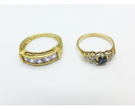 Two 9ct gold rings; pink stone 2.7g, K and cluster 1.3g, H