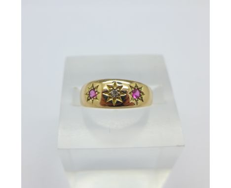 An 18ct gold, ruby and diamond gypsy ring, Birmingham 1907, 2.6g, O