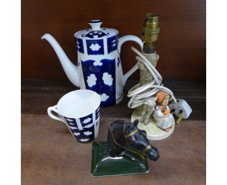 A Royal Crown Derby unfinished pattern coffee pot and beaker, beaker a/f, a Hummel table lamp base a/f and a bust of a raceho