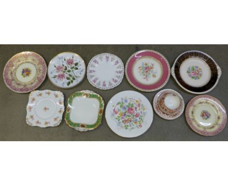 Two Royal Worcester plates, signed Sedgley, 27 and 23cm, a Wedgwood cabinet plate, six other plates and a Worcester trio