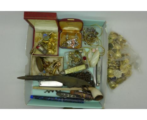 Military buttons, trench art letter opener, rosary beads, jewellery, etc.