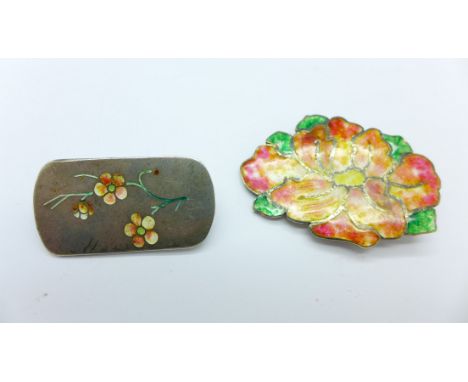 Two sterling silver and enamel brooches