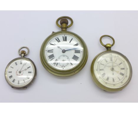 A centre-seconds chronograph pocket watch, a silver fob watch and one other pocket watch