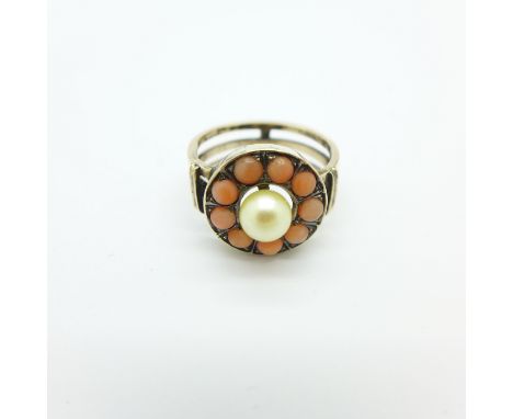 A yellow metal, coral and pearl cluster ring, 3.6g, K