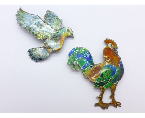 Two hallmarked silver and enamel bird brooches, dove a/f and hallmark worn, (cockerel 6cm x 4.5cm)