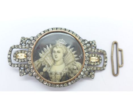 A Victorian paste set buckle with portrait on ivory, 73mm