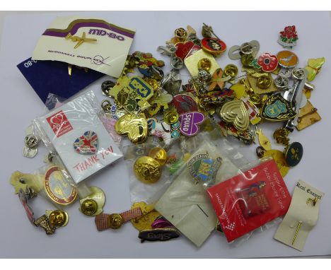 Over ninety pin badges, stick pins, etc.