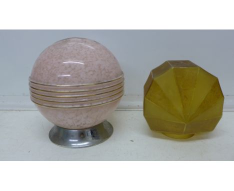 An Art Deco glass ceiling light fitting and a shade, (2)