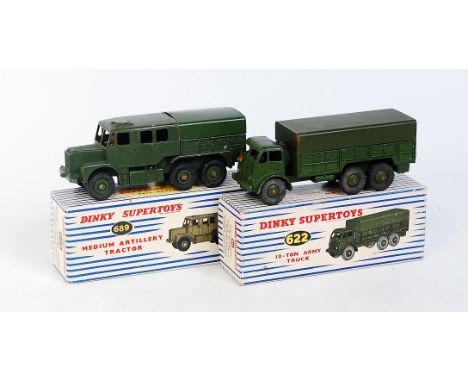 Dinky Toys, 689 medium artillery tractor, military green body with green tin rear canopy, seated driver figure with green hub