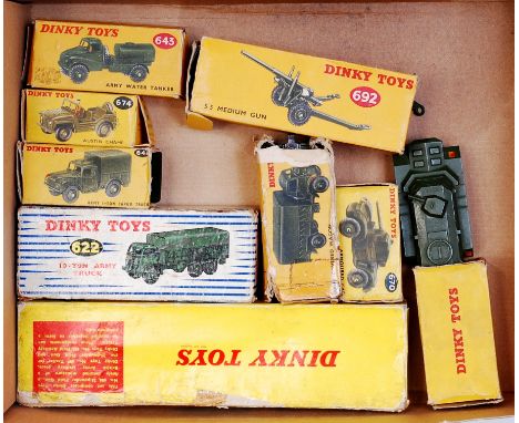 Dinky Toys Boxed Military Group, all boxes are a/f with damage, and models in various conditions, to include No.670 Armoured 