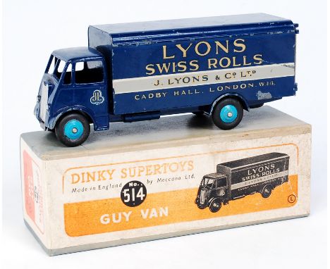 Dinky Toys, 514 Lyons Guy van, dark blue first type cab, chassis and back, mid-blue rigid hubs, Lyons Swiss Rolls livery, sil