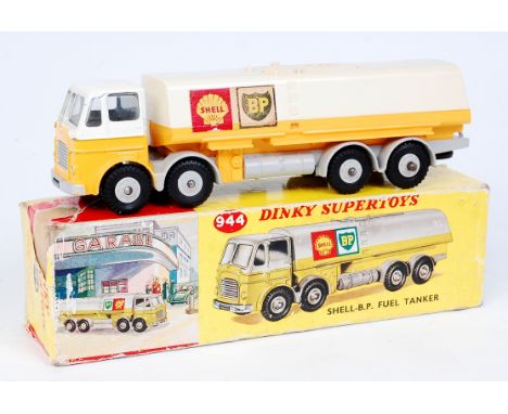 Dinky Toys, 944 Shell/BP Fuel Tanker, with windows, Leyland Octopus, white/yellow cab and tank, grey chassis on hubs, in the 