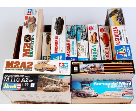 12 various 1/35th and 1/48th scale plastic military vehicle kit group, mixed manufacturers to include Italeri, Matchbox, Tami