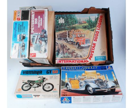 7 mixed scale Road Transport, Car and Motorcycle plastic kits, 6 appear un-made, 1 part made, examples to include Hales 1/12t