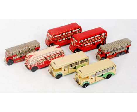 Wells, Brimtoy, and Pocketoy Tinplate Public Transport Group, 7 examples, to include Brimtoy Pocketoy Series 6 Wheel Double D