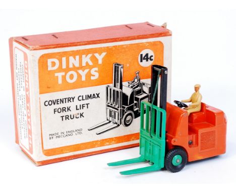 Dinky Toys, 14C, Coventry Climax Fork Lift Truck, orange body with green forks and hubs, in the original orange and white all