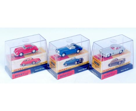 3 Reproduction Dinky by Mattel Boxed Diecasts, to include DY25/8 Porsche 356A, DY033/B Mercedes Benz 300SL, and a DY036/B Jag