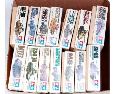 Tamiya 1/35th scale plastic military vehicle group, 14 boxed un-made examples, to include SU-85 Russian Tank Destroyer, M4A S