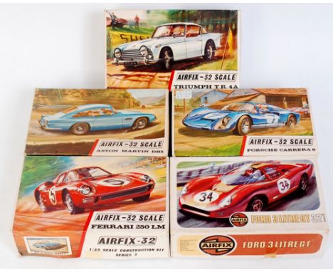 Airfix 1/32nd Scale Boxed Saloon Kit Group, 5 examples, all appear as issued, to include Porsche Carrera 6, Aston Martin DB5,