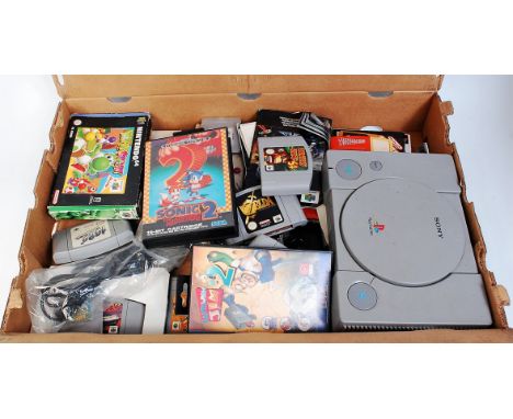 A large collection of mixed Video Game Consoles, Games, and Booklets, to include PS1 Console, N64 Games to include Zelda, Don