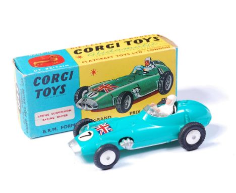 Corgi Toys, 152S BRM Formula 1 Grand Prix Racing Car, turquoise body with Union Jack on Bonnet, RN7, flat spun hubs, in the o