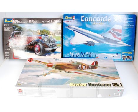 3 assorted plastic kits, to include Revell 1/16th scale 1934 Phantom II Continental (Appears As Issued), Airfix 1/24th scale 