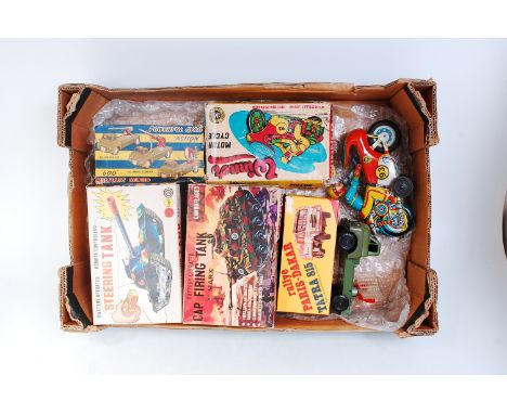Collection of mixed tinplate and plastic toys, to include Marx Toys Battery Operated Steering Tank (VG-BVG), Marx Battery Ope
