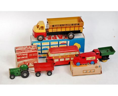 Tinplate and Plastic Vehicles and Play Set Group, to include Welsotoys Sand and Gravel Tipping Lorry, Minic Clockwork Farm Tr
