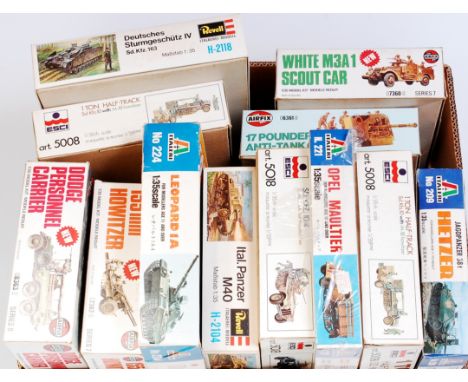 12 various 1/35th scale plastic military vehicle kits, mixed manufacturers to include ESCI, Italeri, Revell, and Airfix, exam