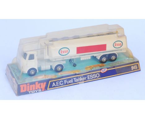 Dinky Toys, 945, AEC Fuel Tanker "Esso", white cab, chassis and back, with Esso Livery, in the original sealed bubble pack (N